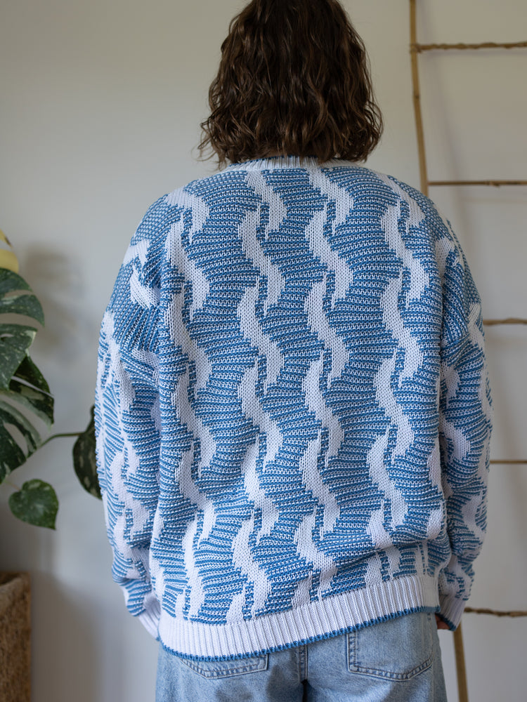 80s Blue & White Patterned Cotton Jumper - L