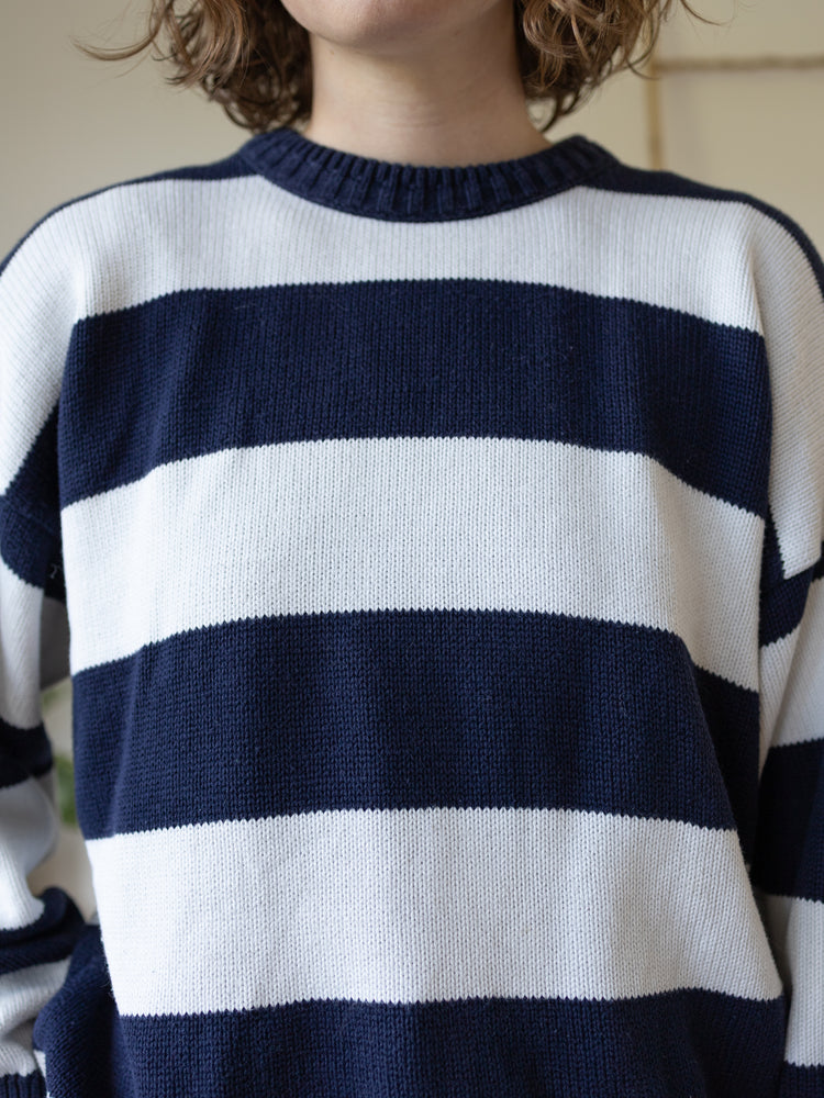 80s Navy & White Striped Cotton Jumper - XL