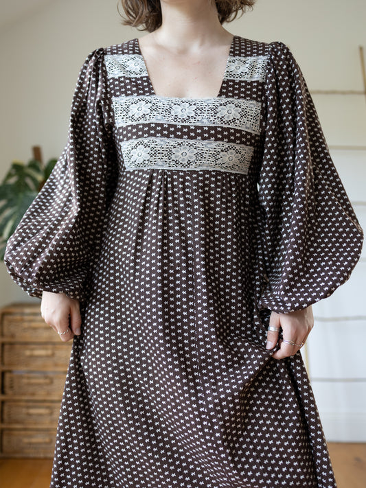 70s Dog Print Balloon Sleeve Maxi Dress - S