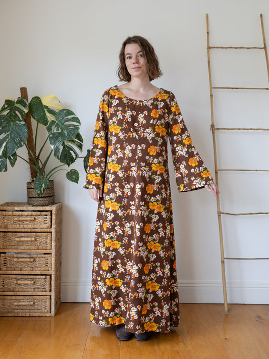 70s Brown Cotton Floral Maxi Dress - L