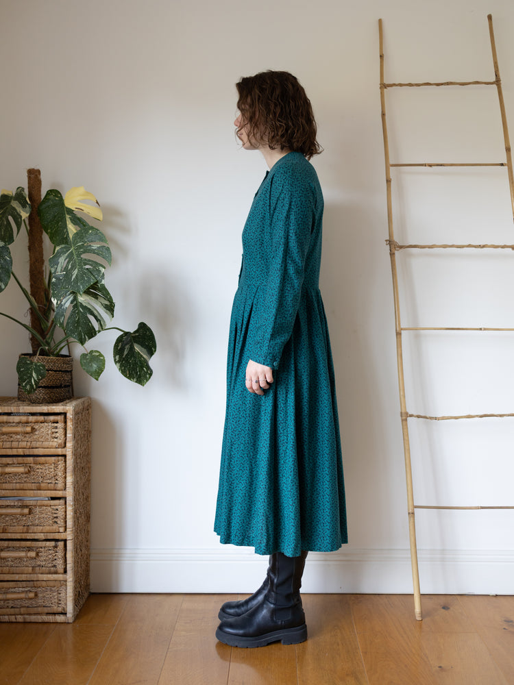80s Laura Ashley Green Leaf Patterned Dress - M