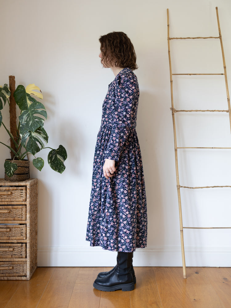 80s Laura Ashley Navy Ditsy Floral Cord Dress - S