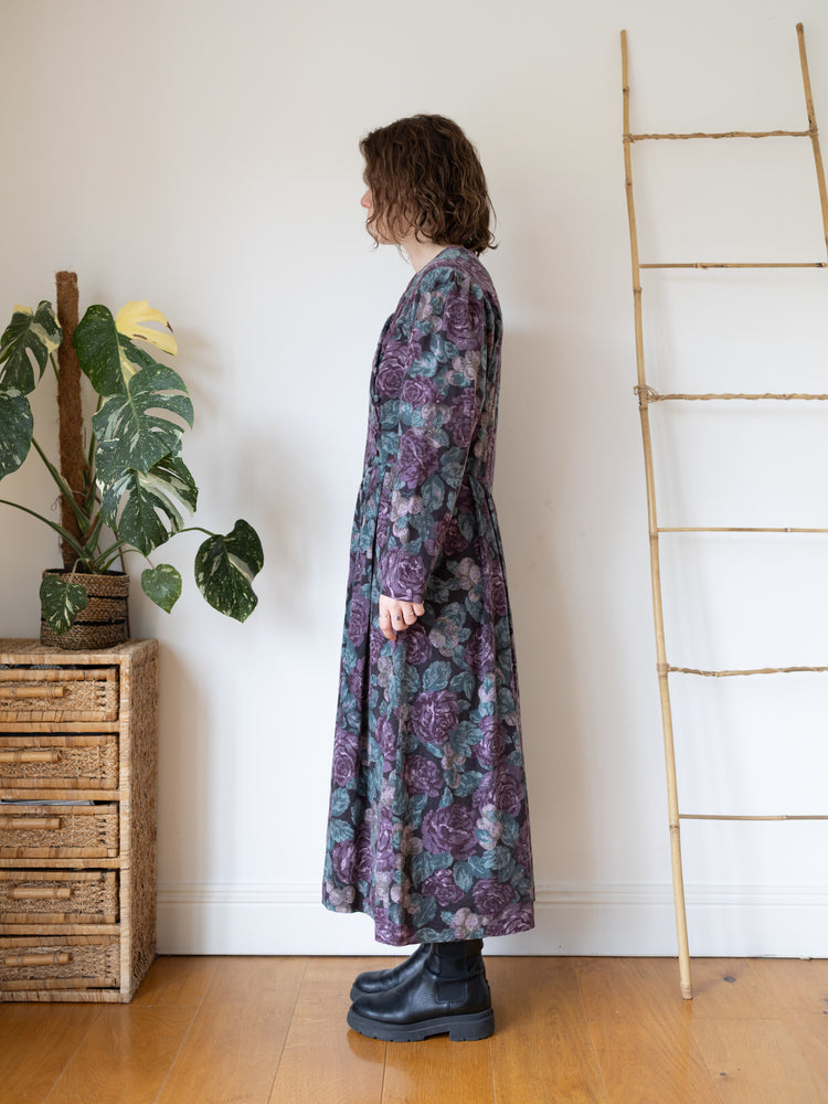 80s Laura Ashley Purple & Teal Corduroy Dress - L