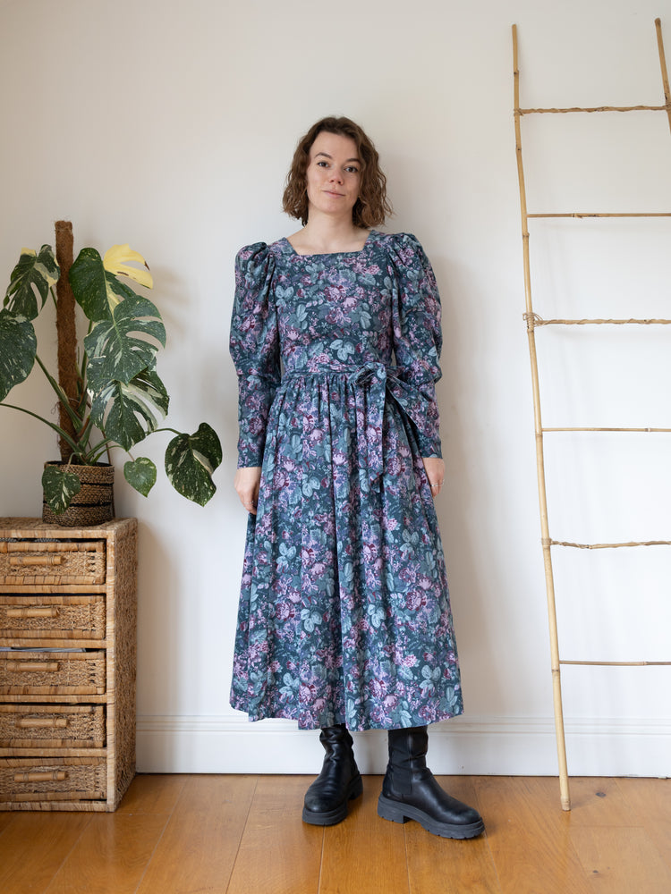 80s Laura Ashley Green Floral Cord Dress - XS