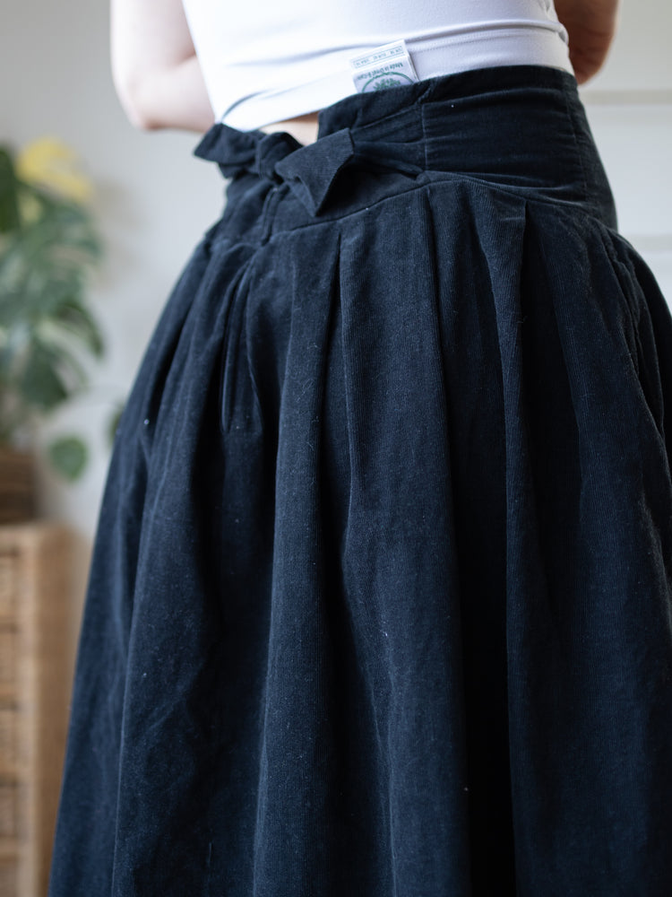 80s Laura Ashley Black Corduroy Skirt with Tie Back - 29"