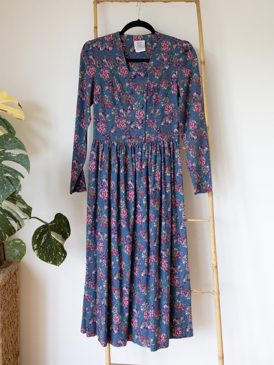 80s Laura Ashley Teal Floral Double Breasted Dress - XS
