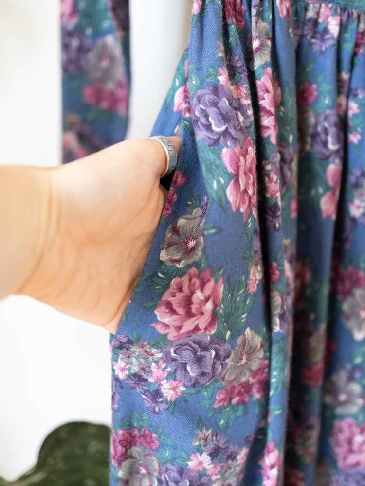 80s Laura Ashley Teal Floral Double Breasted Dress - XS