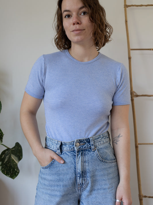 90s St Michael Blue Striped T-Shirt - S
