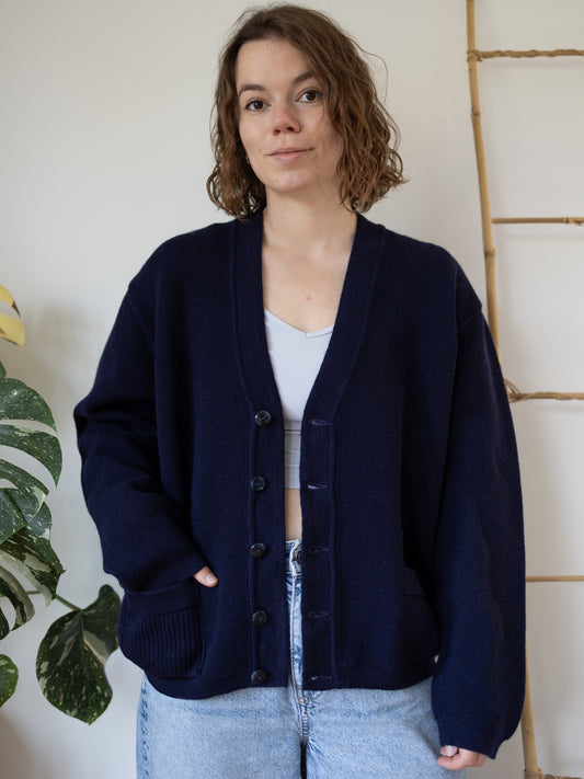 80s Navy Wool Cardigan - XL