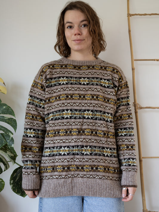 80s Brown Fair Isle Wool Jumper - L