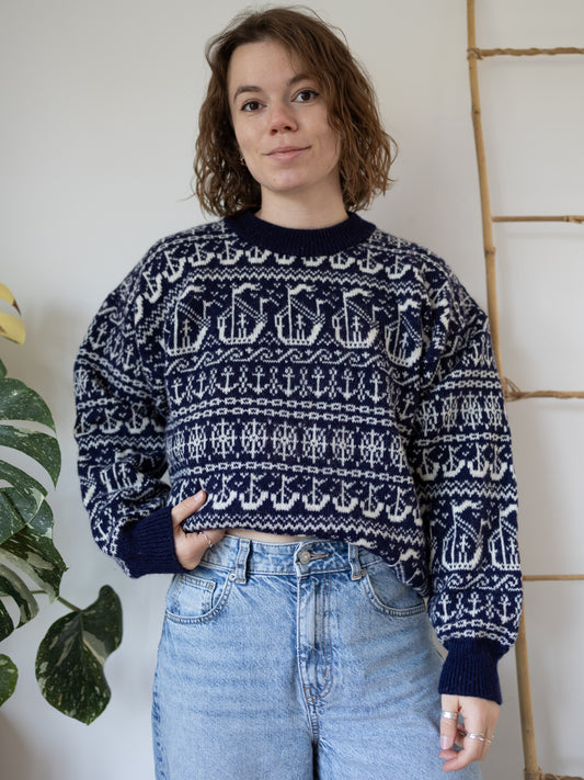 90s Navy Nautical Wool Jumper - M