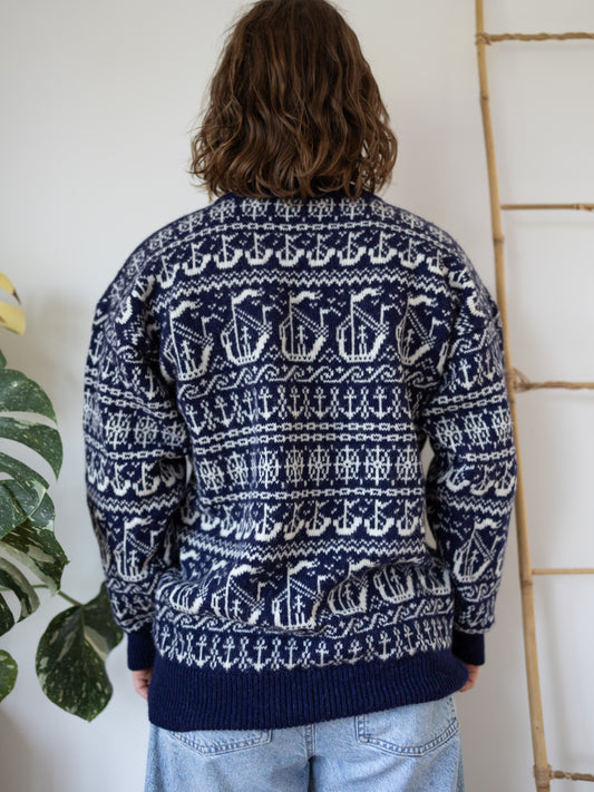 90s Navy Nautical Wool Jumper - M