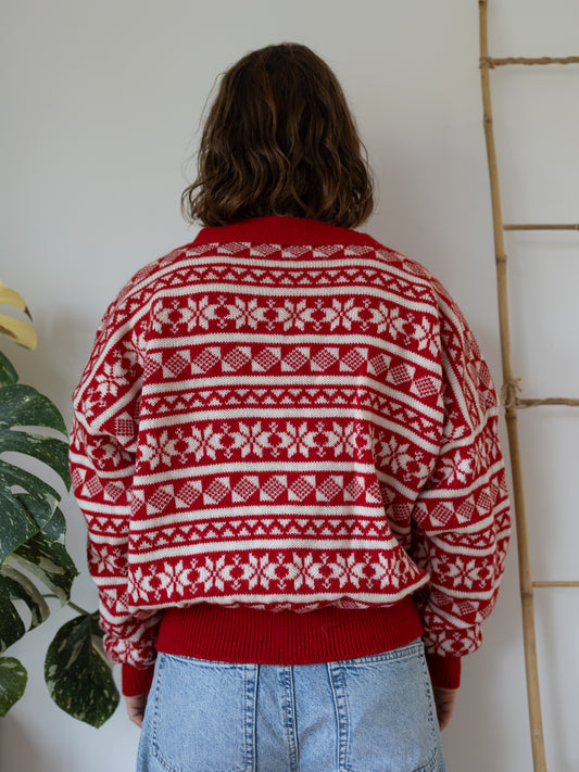 90s Nordstrikk Red Snowflake Cardigan - L