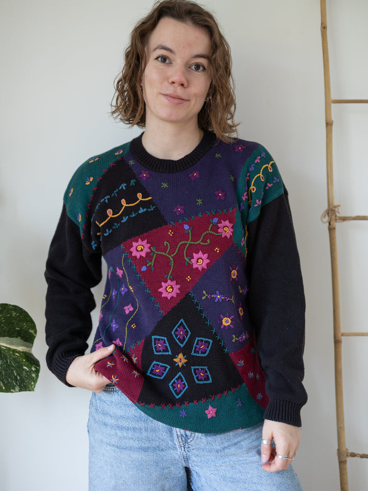 90s Tulchan Black Embroidered Patchwork Jumper - M