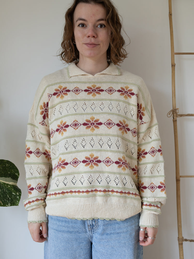 90s Acorn Collared Floral Cotton Jumper - M