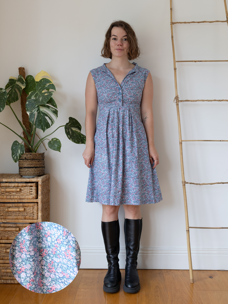 70s Ditsy Floral Blue Cotton Dress