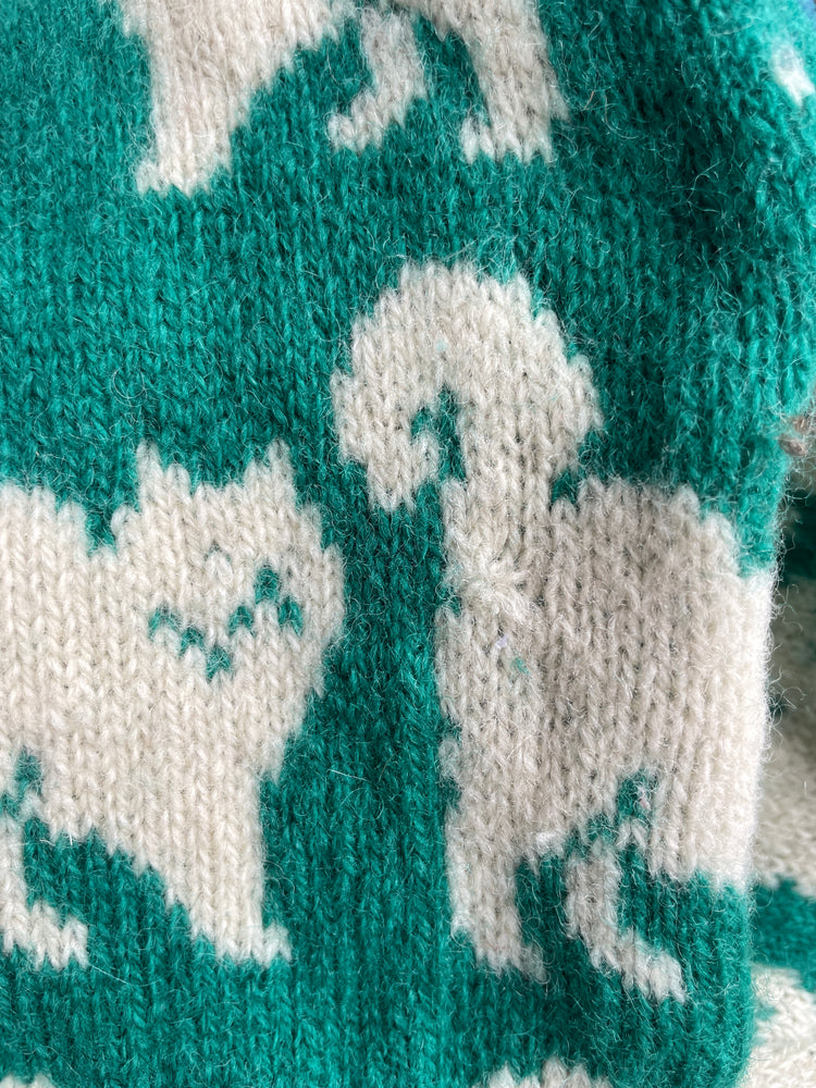 90s Green Cat Wool Jumper - S