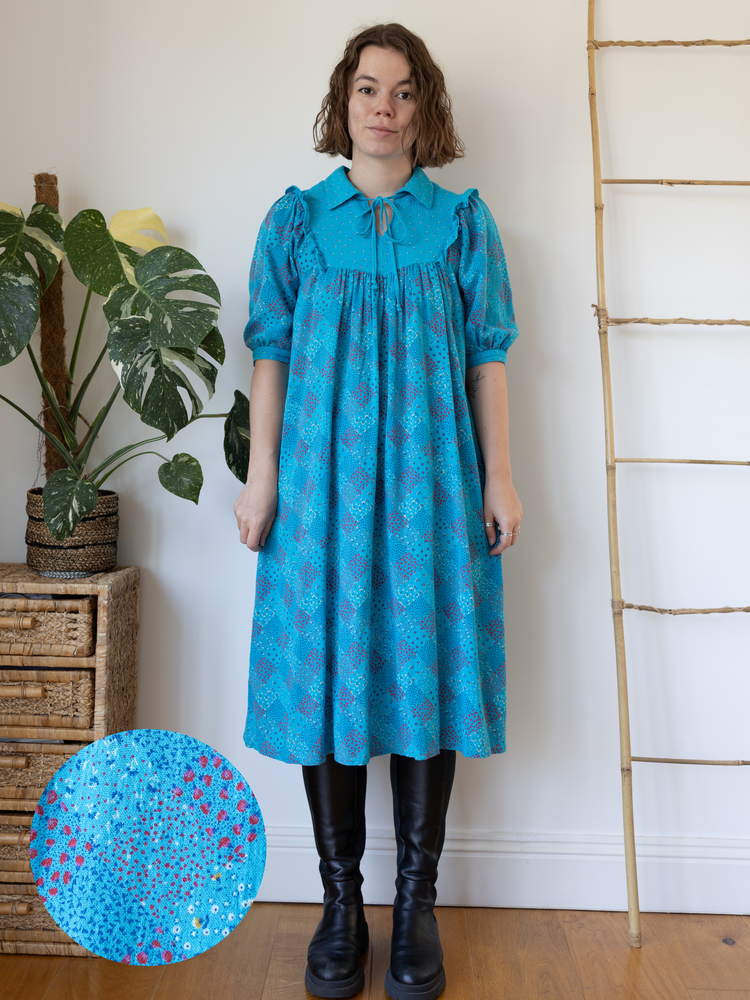 70s Turquoise Ditsy Floral Midi Dress - M