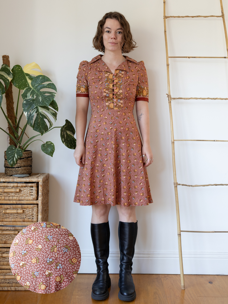 70s Brown Ditsy Floral Mini Dress - S