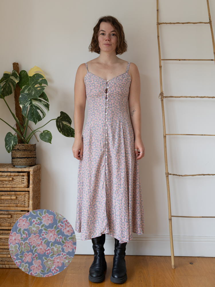90s Monsoon Dusky Blue & Pink Floral Dress