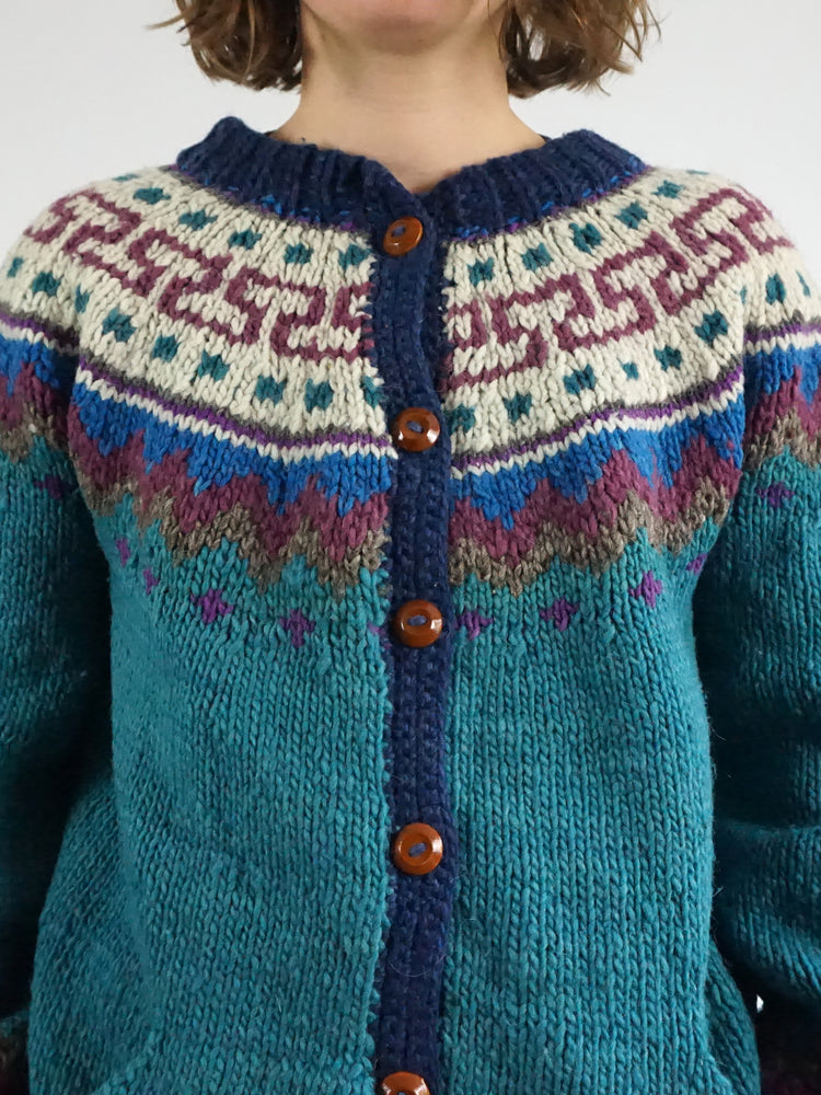 Teal Chunky Wool Cardigan - L