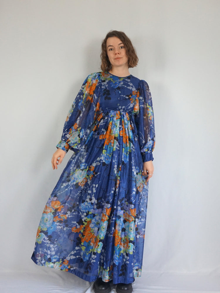 Blue Floral Balloon Sleeve Dress - S