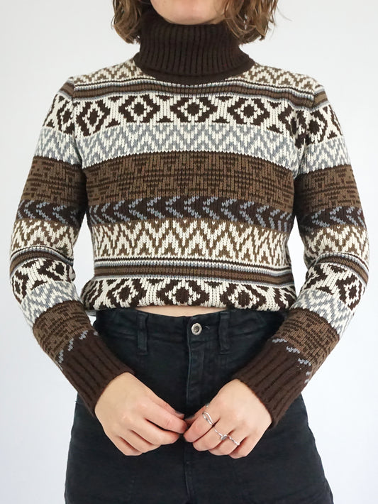Brown Patterned Turtleneck Jumper - S