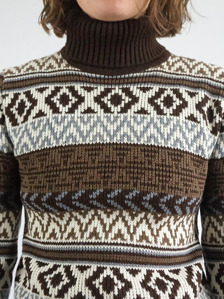 Brown Patterned Turtleneck Jumper - S