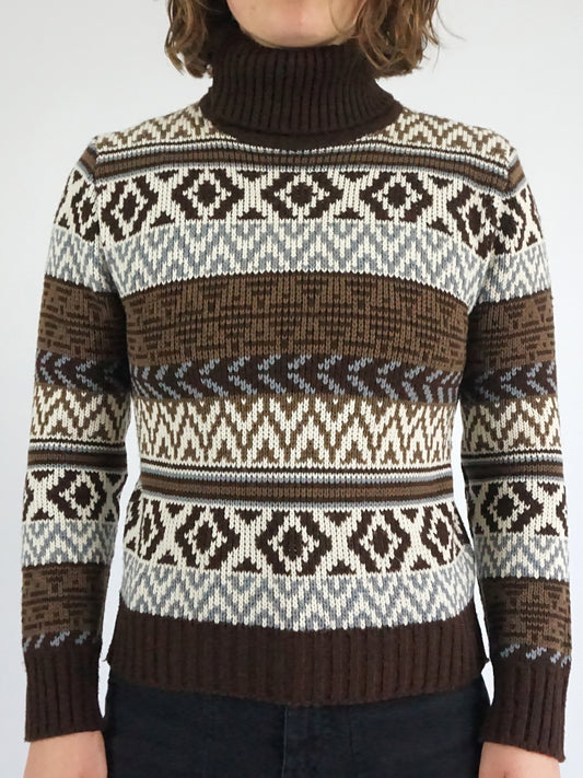 Brown Patterned Turtleneck Jumper - S