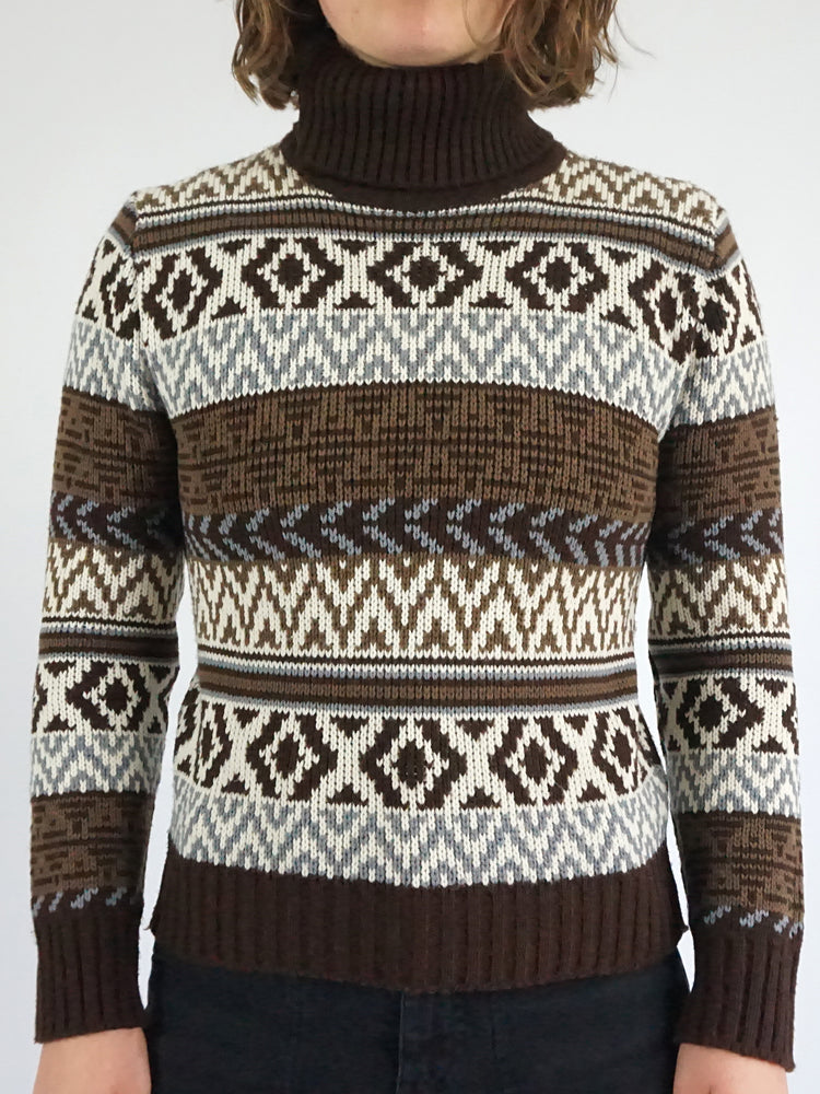 Brown Patterned Turtleneck Jumper - S
