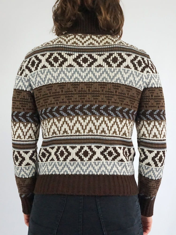 Brown Patterned Turtleneck Jumper - S