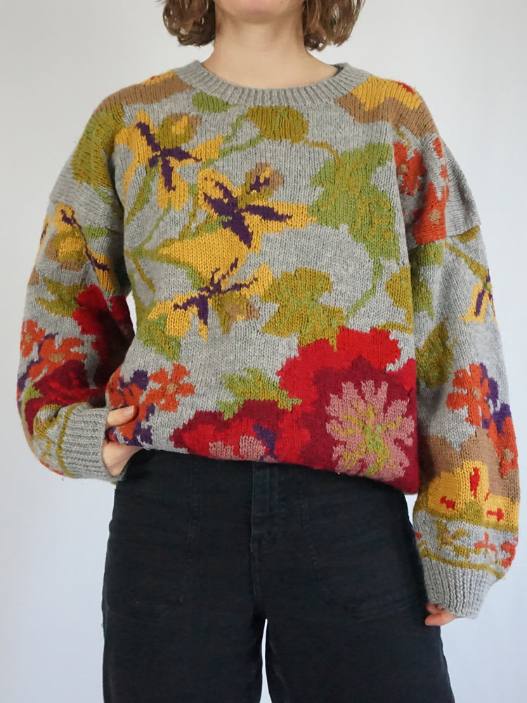 Light Blue Floral Wool Jumper - XL