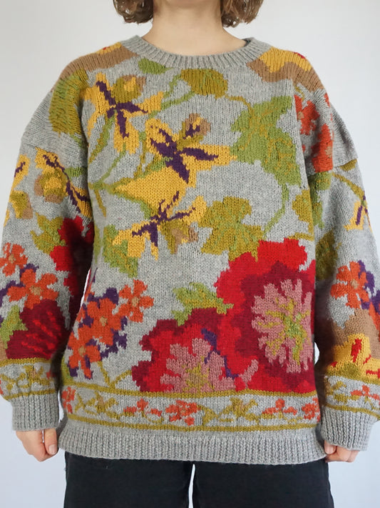 Light Blue Floral Wool Jumper - XL