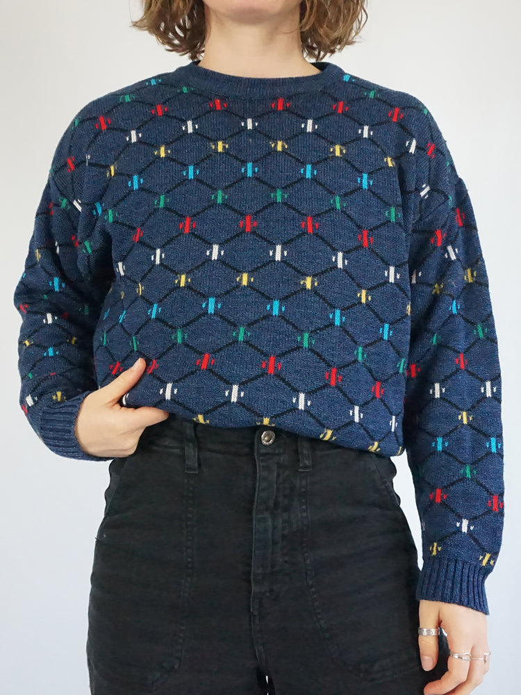 Blue Patterned Cotton Jumper - M