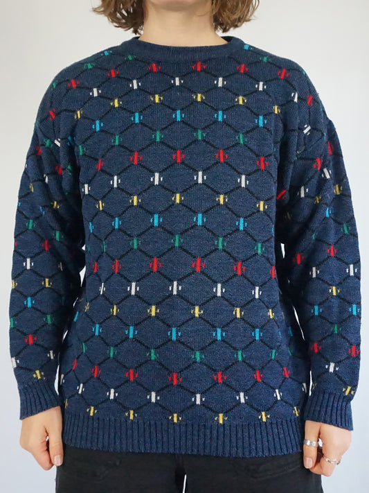 Blue Patterned Cotton Jumper - M