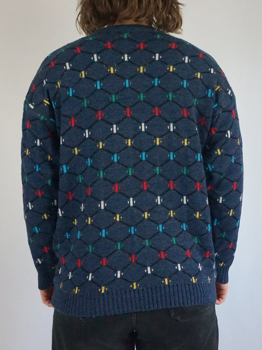 Blue Patterned Cotton Jumper - M