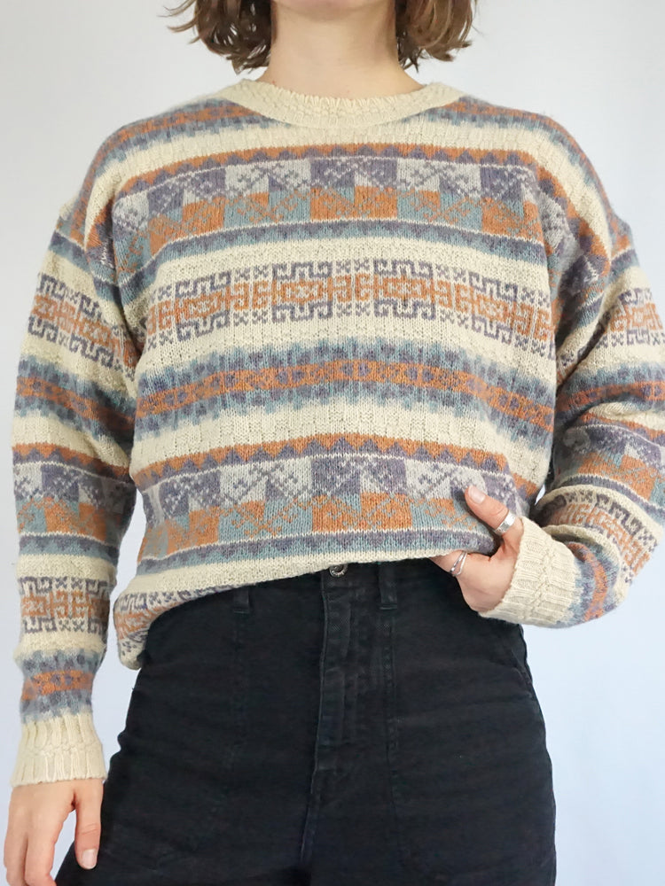 Pastel Patterned Wool Jumper - L