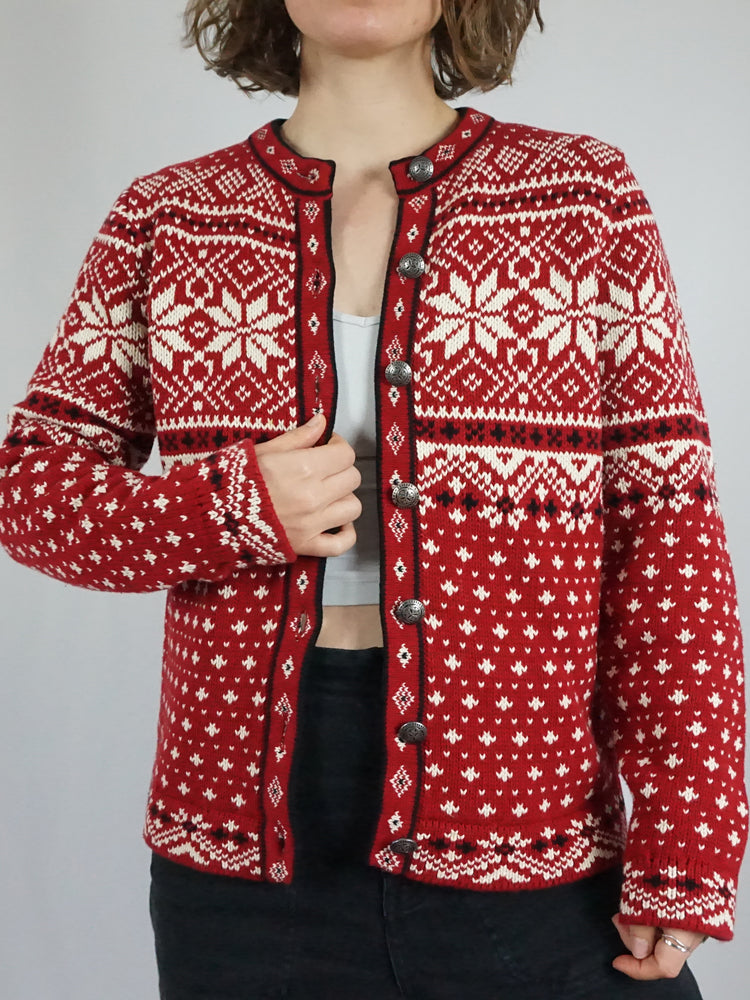 Red Snowflake Cotton Cardigan - M