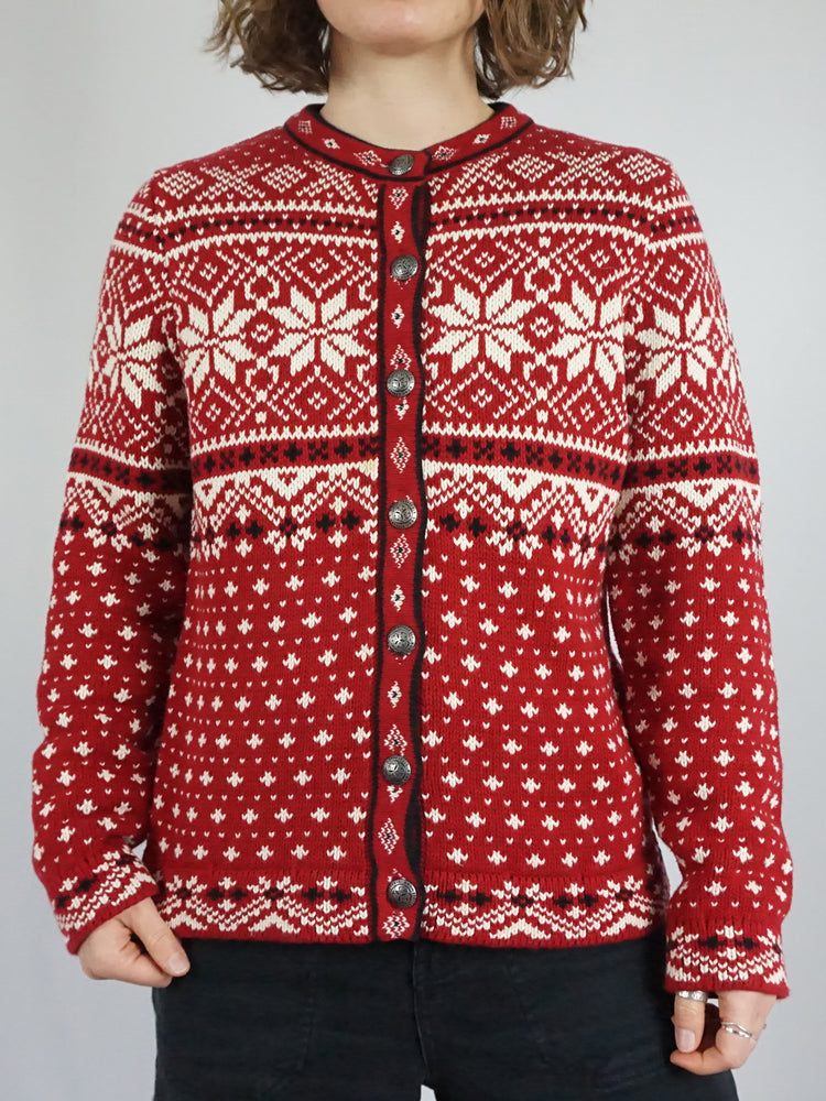 Red Snowflake Cotton Cardigan - M