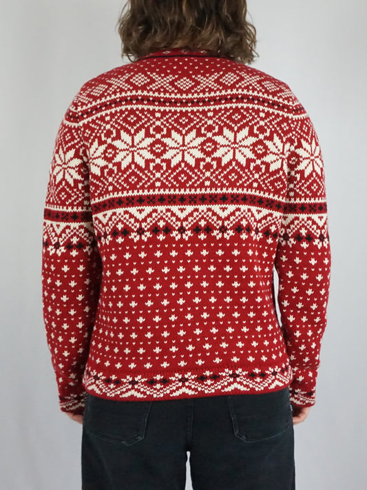 Red Snowflake Cotton Cardigan - M