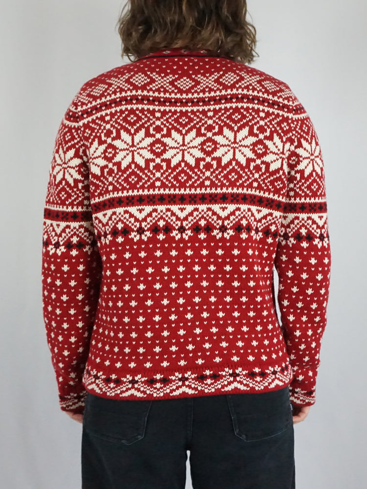 Red Snowflake Cotton Cardigan - M
