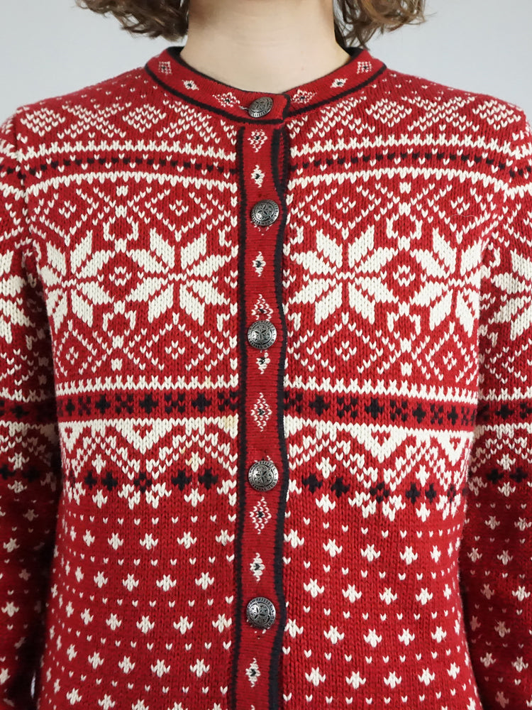 Red Snowflake Cotton Cardigan - M