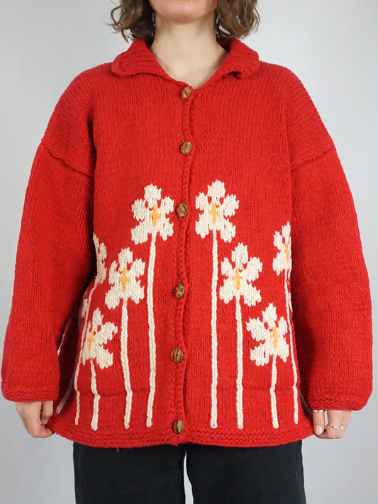 Pachamama Red Daisy Cardigan - XL