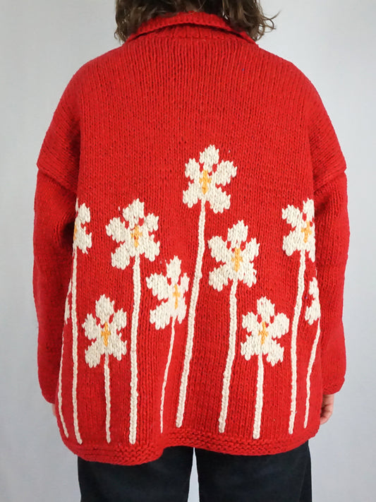 Pachamama Red Daisy Cardigan - XL