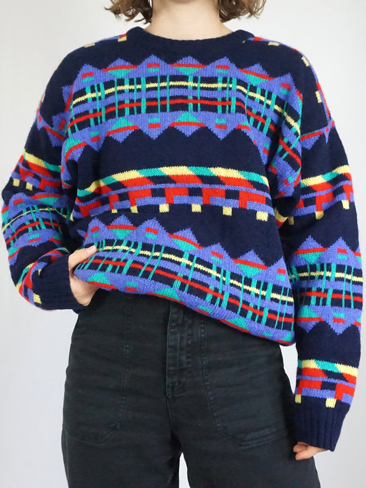 Navy Patterned Wool Jumper - L