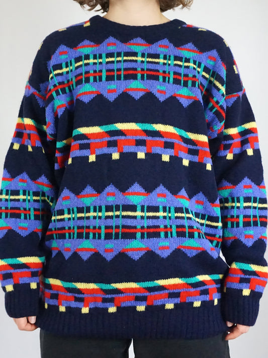 Navy Patterned Wool Jumper - L