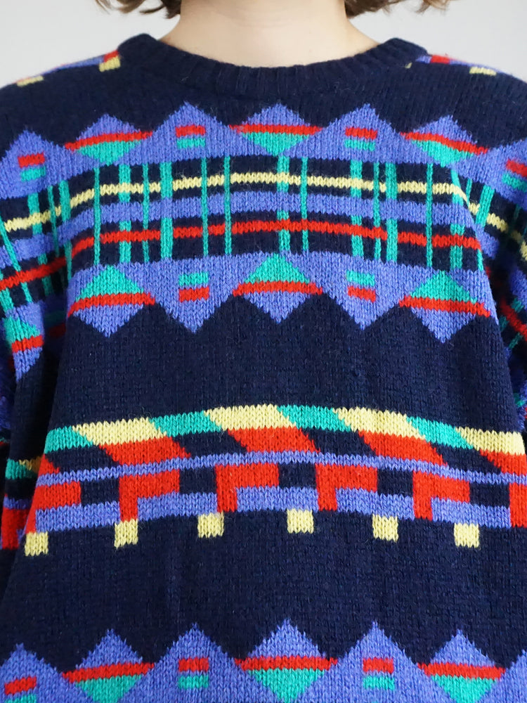 Navy Patterned Wool Jumper - L