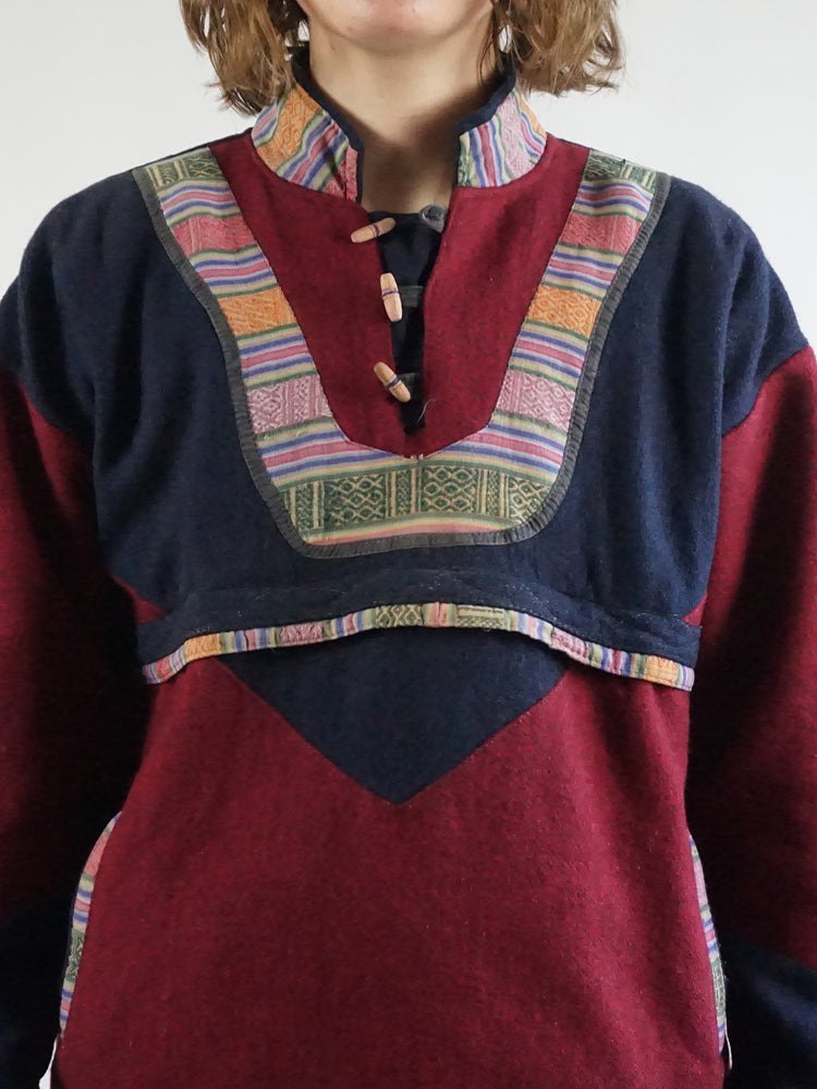 Navy & Burgundy Smock Pullover - M