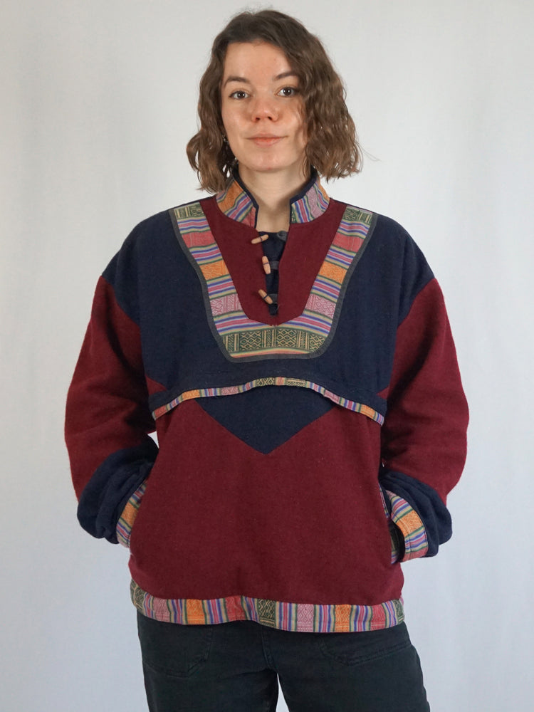 Navy & Burgundy Smock Pullover - M