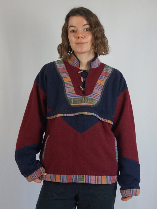 Navy & Burgundy Smock Pullover - M